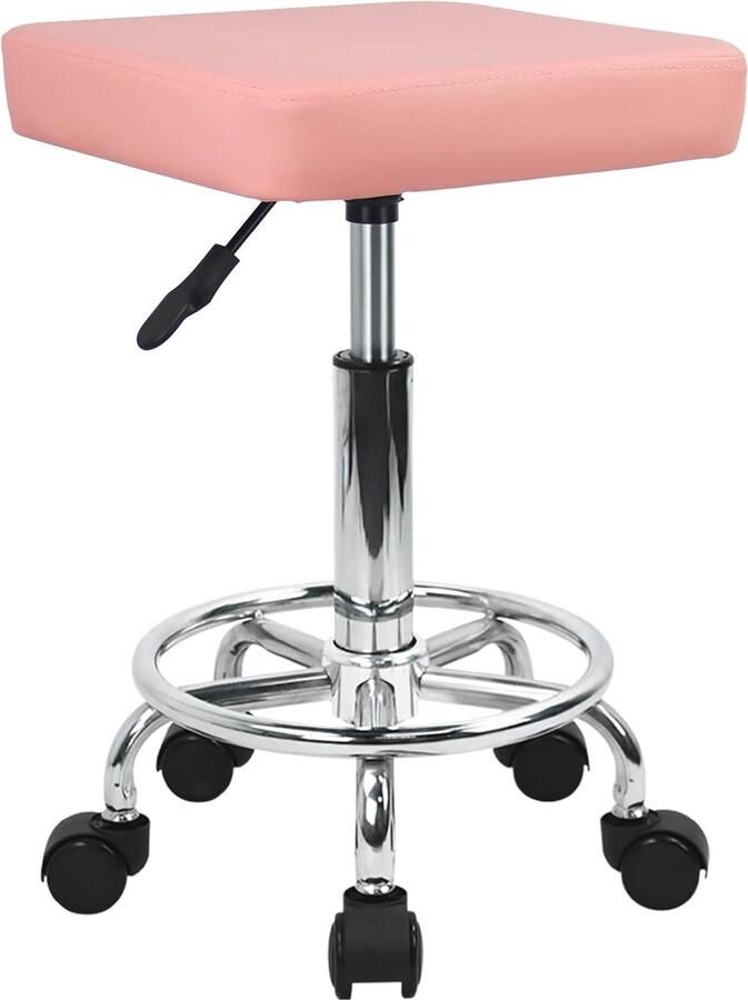 Vierkante rolkruk met voetsteun In hoogte verstelbare PU lederen draa stoel voor salon en thuis