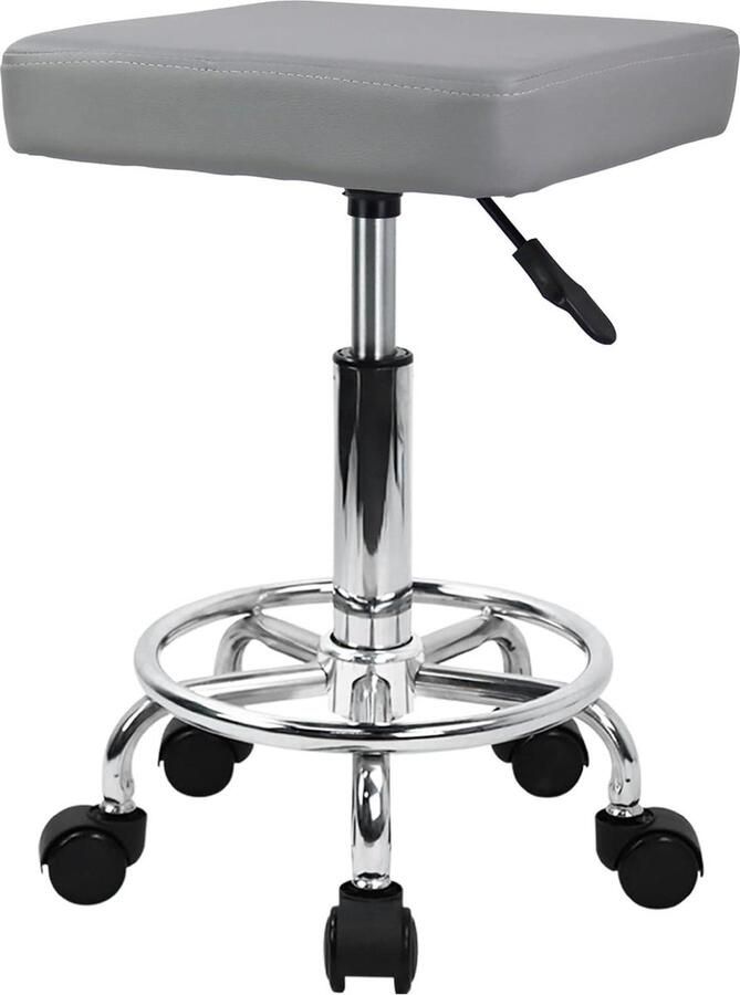 Vierkante rolstoel met voetsteun PU leer in hoogte verstelbaar Spa opstellen salon tatoeage werk draaibare krukken taakstoel klein (grijs)