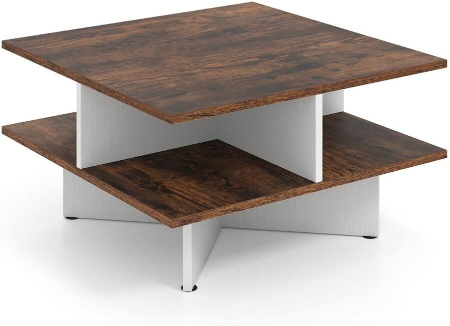 Vierkante salontafel 60 cm – Met 2 open vakken en 4 opbergvakken kruisvoet bruin wit