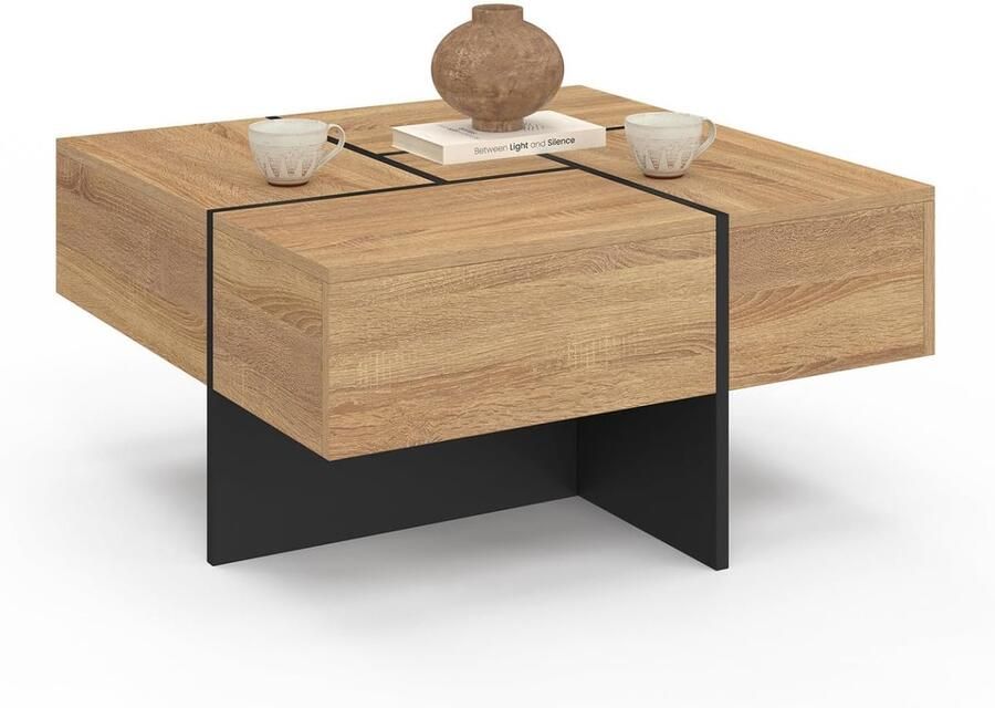 Vierkante Salontafel – Houten Tafel met Zwarte Laden Modern en Functioneel Ontwerp voor Woonkamer of Lounge