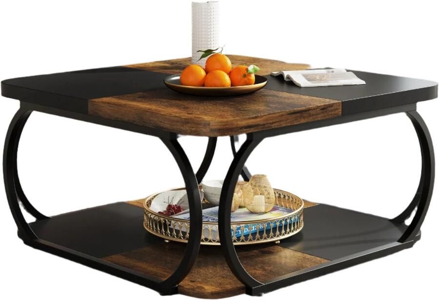 Corenia Salontafel Vierkante Salontafel met 2 Lagen 40 Inch Lage Farmhouse Salontafel Houten Opbergplank Zware Metalen Frame Zwart