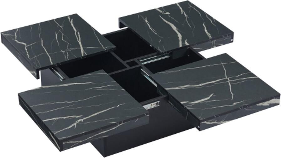 Vierkante salontafel met marmerlook-schuifbaar tafelblad– 90 x 90 x 25 cm vier lades zwart