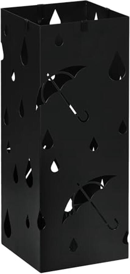 Vierkante Stalen Paraplustandaard met 4 Haken en Afneembare Wateropvangbak Zwart