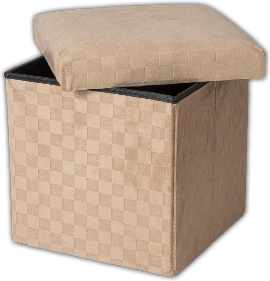 Vierkante stof zitzak 30 x 30 cm Robuust elegant opvouwbare opbergkruk ruitpatroon Thuis woonkamer slaapkamer kruk ruimtebesparend beige