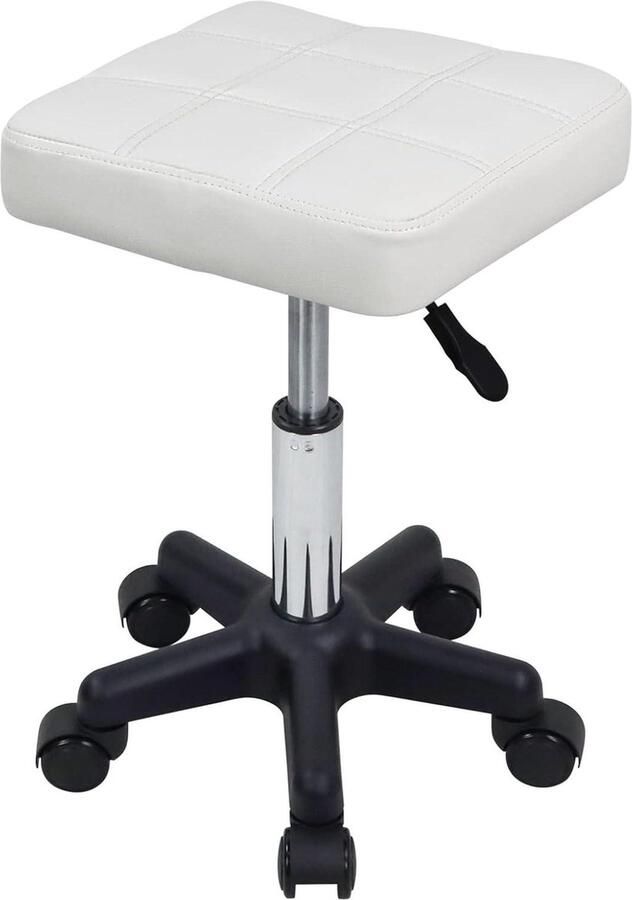 Vierkante Swivel Kruk met Wielen Hoogte Verstelbaar Wit