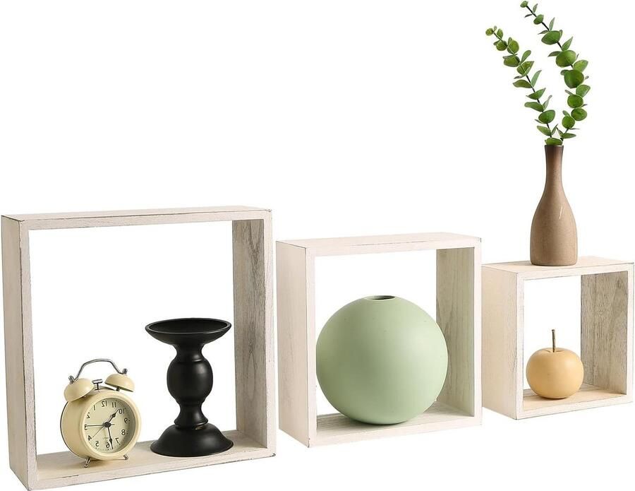 Vierkante Zwevende Planken Set van 3 Wanddecoratie 12 inch 10 inch 8 inch Slaapkamer Rustieke Wandplank Kamerdecoratie Retro Stijl Woonkamer Vintage Wit