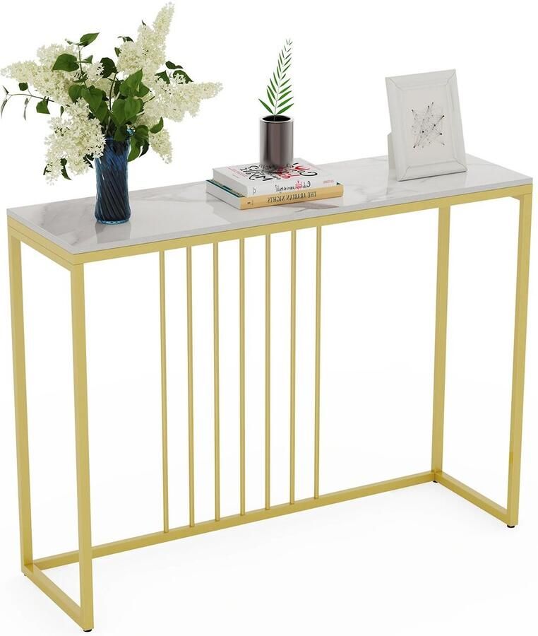 VIHES Consoletafel Gesinterde Steen & Metaal Minimalistisch Modern 100x30x78.5 cm Goud Wit Voor Woonkamer