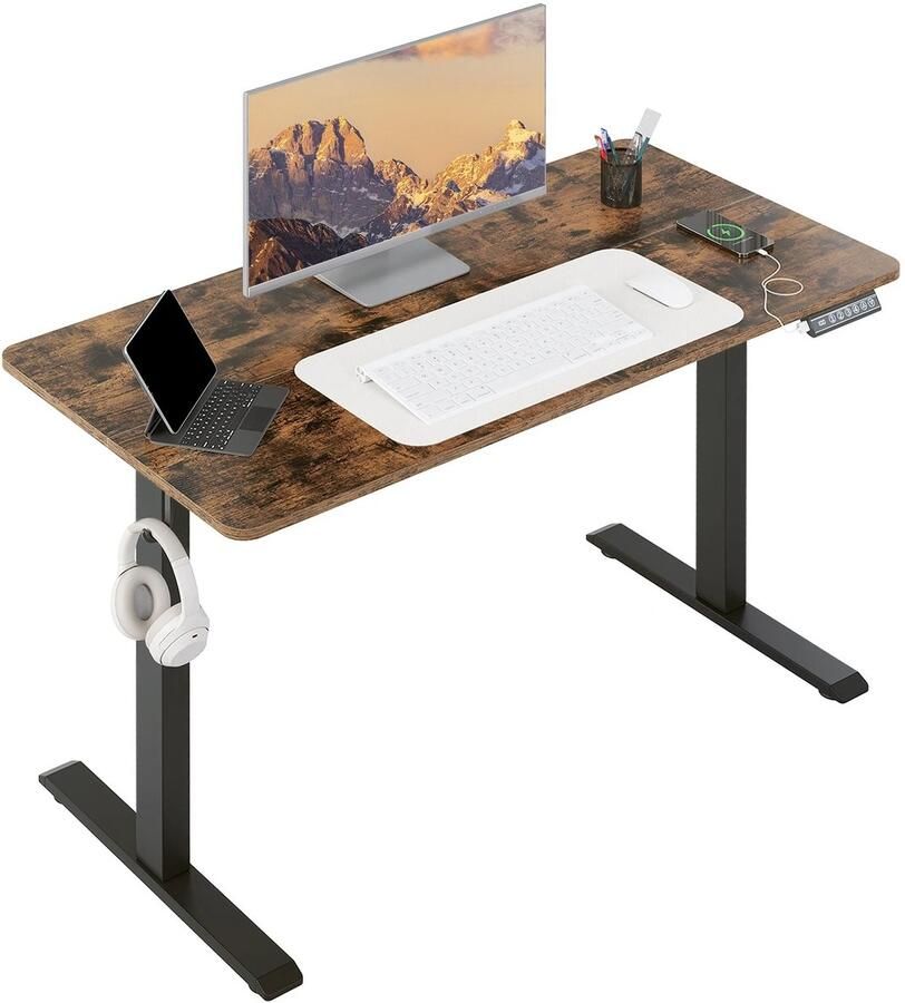 Vihes Elektrisch StaBureau 100x60cm Hout Bruin In Hoogte Verstelbaar Computerbureau USB Oplaadpoort Werktafel