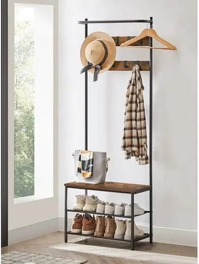 Vihes Kapstok Staand Schoenenplank 2 Lagen Hout Zitbank 9 Haakjes Opbergrek Garderobe Entreehal 98X35X180CM Zwart