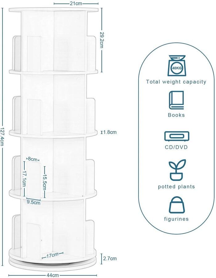 Vihes Roterende Boekenkast Voor Woonkamer Kantoor Kinderkamer Organisator Decoratie Wit Modern Staande Boekenkast