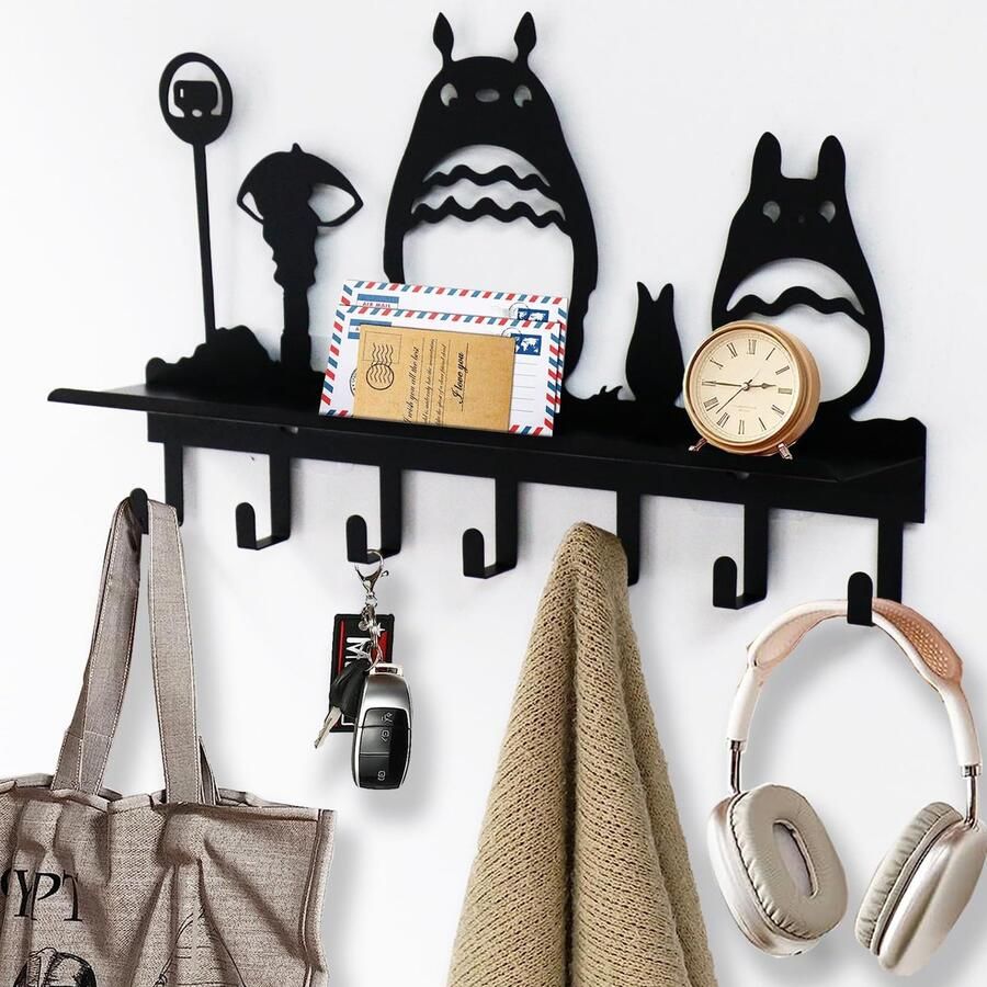 Viiluuxr kapstok zwarte wandkapstok sleutelrek met plank kapstok kinderkapstok wanddeurhaak halkapstok 15 inch met 7 haken ruimtebesparende multifunctionele haak. (TTO-N03)