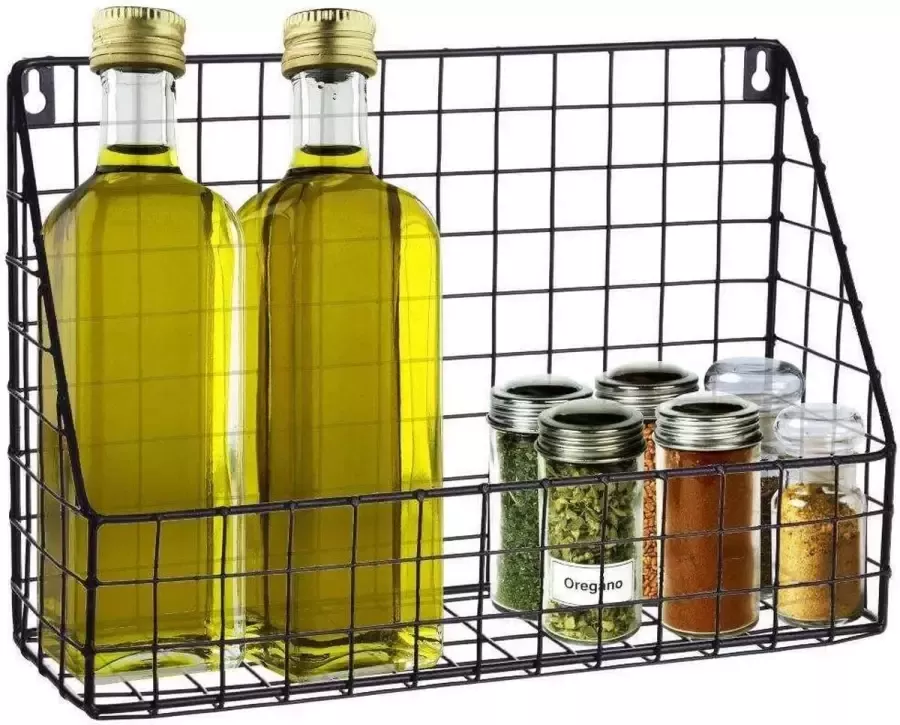 VILDE Universeel wandrek van metaal geometrische container in loft-stijl zwarte industriële mand voor specerijen cosmetica perfect voor keuken badkamer en kantoor