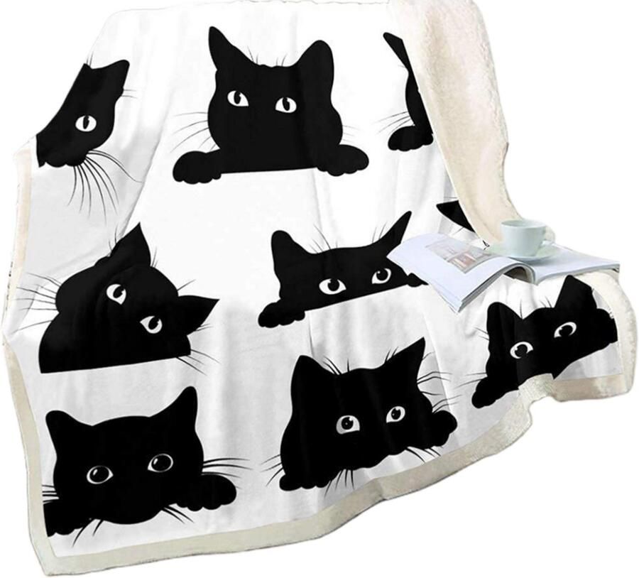 Peysaitr 150x200cm Zwart-witte kattenprint flanellen vilten deken Marokkaans patroon geschikt voor alle seizoenen machinewasbaar geschikt voor banken bedden en banken