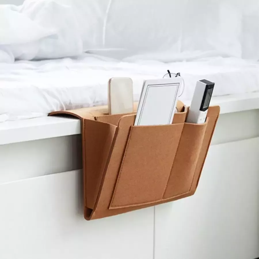 Vilten opbergzak voor iPad en boek bruin hangende flexibele opberger voor afstandsbediening bed & bank bedside pocket nachtkastje