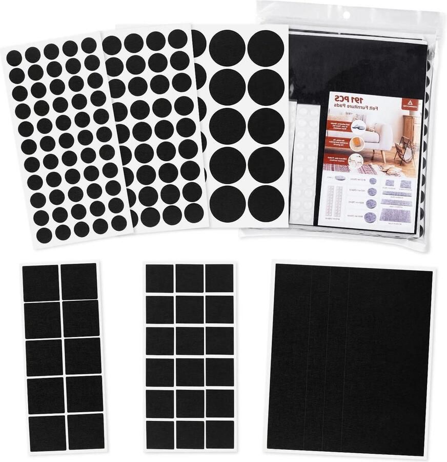 Vilten Pads voor Meubels Premium Meubelvilt Zelfklevend Stoelpoten Vilt voor Stoelen Houten Vloerbeschermers Inclusief Siliconen Buffer Zwart 191 Stuks 9 Maten stoelpootbeschermers