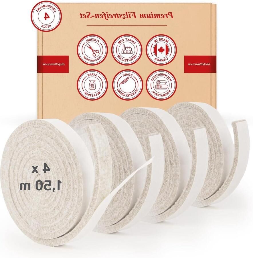 Viltglijders zelfklevend 4 rollen 12 mm breed 5 mm dik elk 15 m lang voor zware meubels en stoelen Bescherming voor parket of laminaat Made in Canada