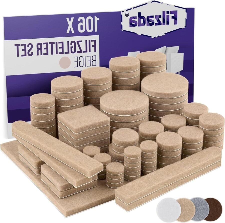 Viltglijders Zelfklevend Set 106-Delig (Vierkant en Rond) Beige Vilt Stoelpoten Vilten Meubeldoppen Stoelpootbeschermers Met Ideale Kleefkracht
