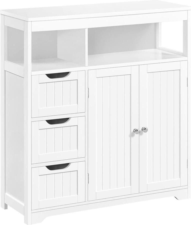 Badkamerkast met 3 Laden en 2 Deuren Verstelbare Planken en Open Rek Hoge Kast voor Badkamer of Hal Wit