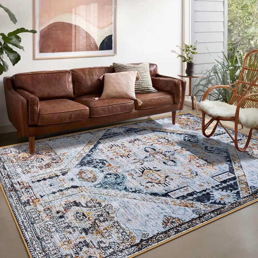 Vintage antislip laagpolig tapijt voor woonkamer slaapkamer eetkamer keuken entree retro beige 160 x 200 cm