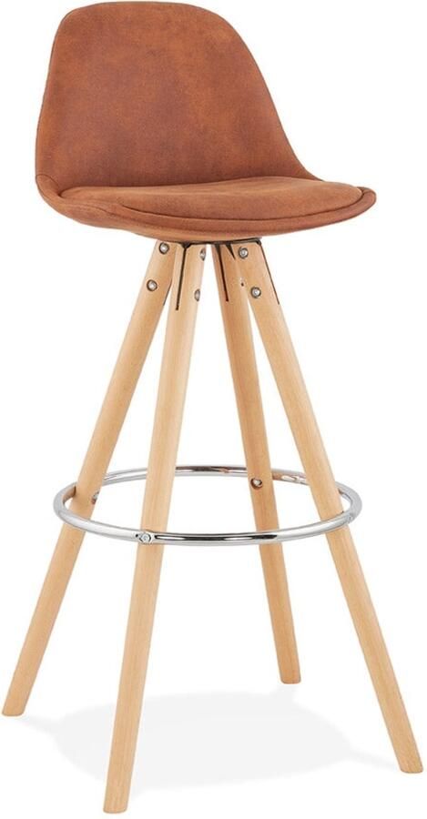 Vintage Barkruk Retro Stoel Comfortabele Zithoogte 75cm Bruine Microvezel Houten Poot