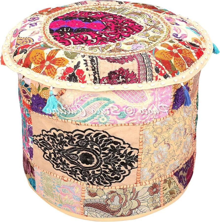 Vintage Beige Etnische Geborduurde Patchwork Katoen Ronde Ottomaanse Poef Voetenbank Cover Traditioneel 18x18x13 Inch 45cm