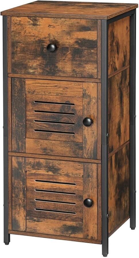 Trankielo Stijlvolle Bijzetkast met Lade en Verstelbare Plank – Vintage-Stijl Telefoonkast voor Woonkamer en Slaapkamer – Donkerbruin en Zwart