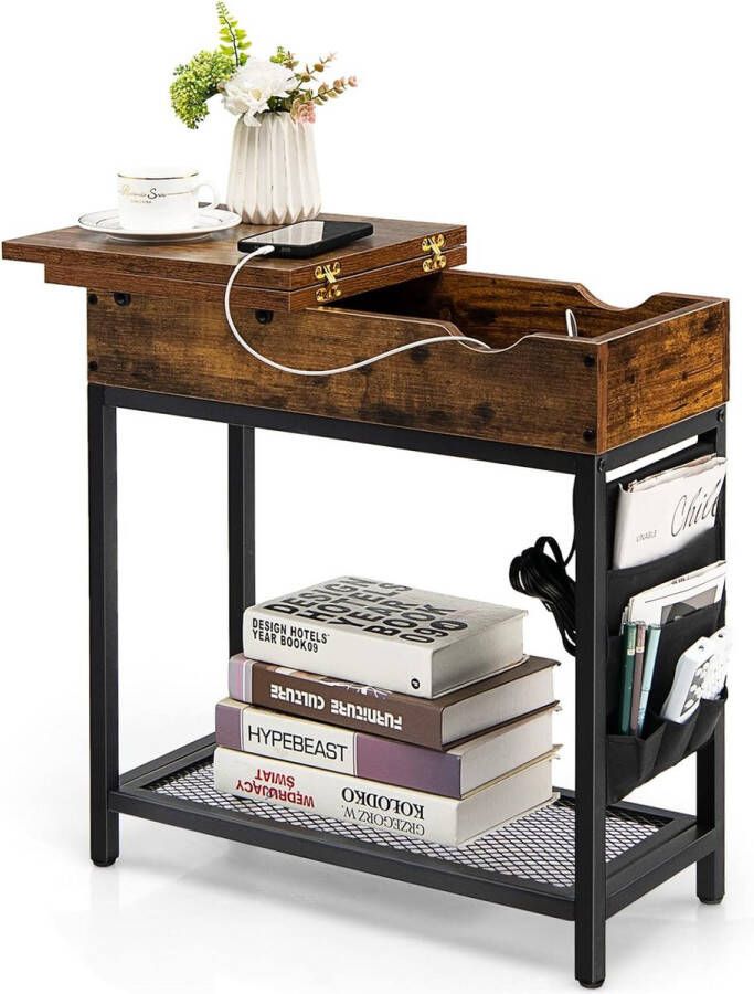 Vintage bijzettafel met 2 USB-poorten en 2 stopcontacten salontafel met inklapbaar tafelblad en roosterplank nachtkastje met stoffen vakken voor woonkamer en slaapkamer