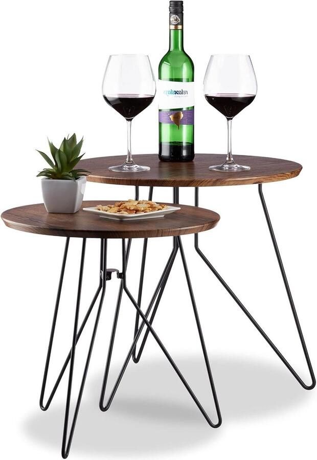 Vintage bijzettafel set rond metalen frame houtlook tafelblad donkerbruin Ø 48cm & 40cm