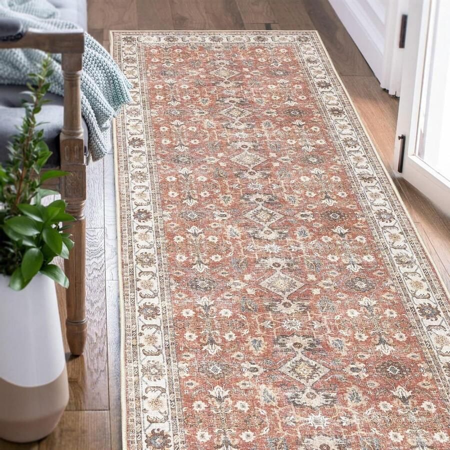 Vintage bloementapijt antislip en opvouwbaar dun en wasbaar 60 x 180 cm baksteenrood voor woonkamer kantoor slaapkamer keuken