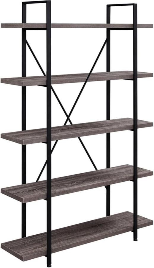 Vintage boekenkast 5 niveaus rustiek groot hoog open boekenkast hout en metaal boekenetagère grijs