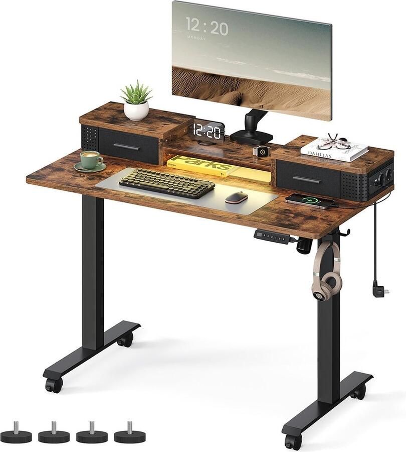 Rootz Living Rootz Vintage Bruin Bureau Studeertafel Schrijfbureau Spaanplaat Stalen frame Oxfordstof Verstelbare hoogte Ruim oppervlak Eenvoudige montage 60 cm x 120 cm x (72-120) cm