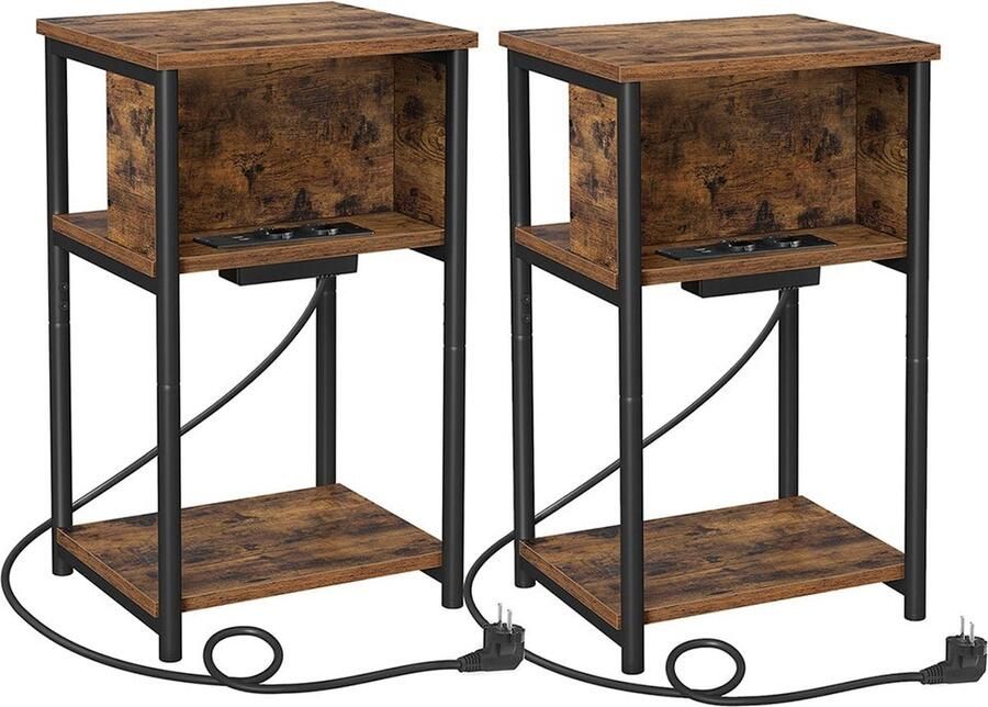 Rootz Living Rootz Vintage Bruin-Zwart 2-delige set bijzettafel nachtkastje spaanplaat en staal 30 cm x 34 cm x 58 cm 5 7 kg 10 kg maximaal draagvermogen eenvoudige montage inclusief 2 accessoirepakketten en instructies