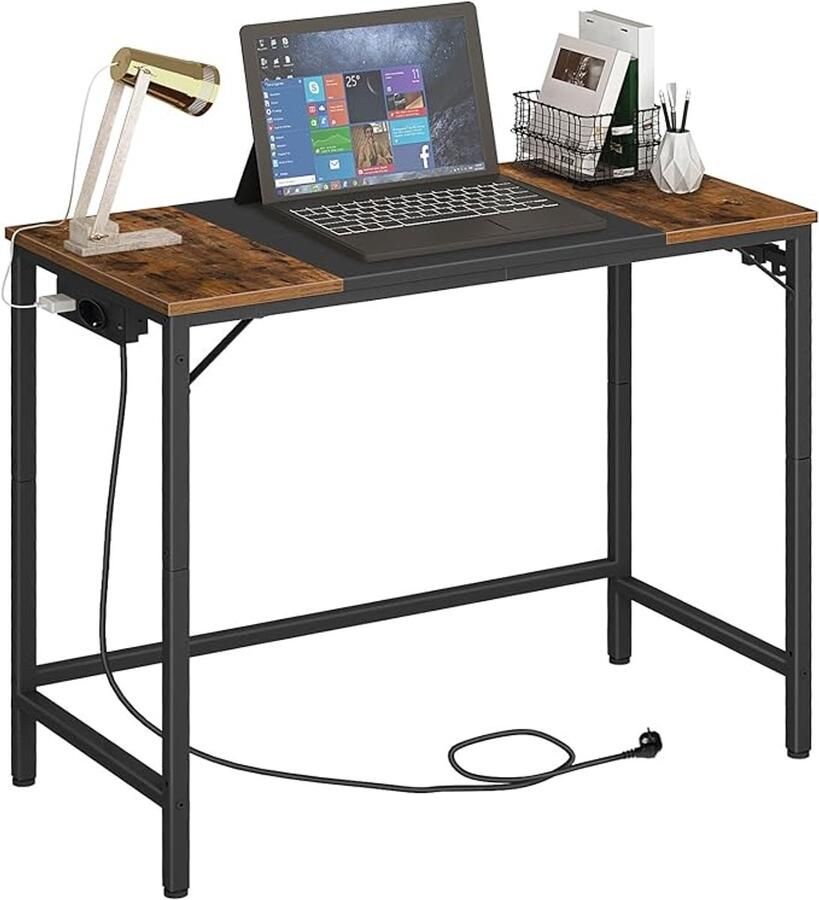 Vintage bruin-zwart bureau EBF40CDN01 computertafel met ingebouwde stekkerdoos + 3 haken