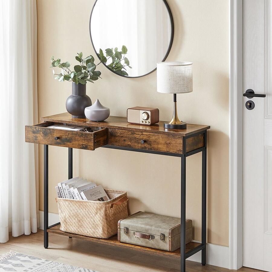 Rootz Living Rootz Vintage Bruin Zwart Consoletafel Ingangstafel Haltafel Spaanplaatstaal 100cm x 30cm x 80cm Max. Belasting 20 kg 1 lade 2 planken