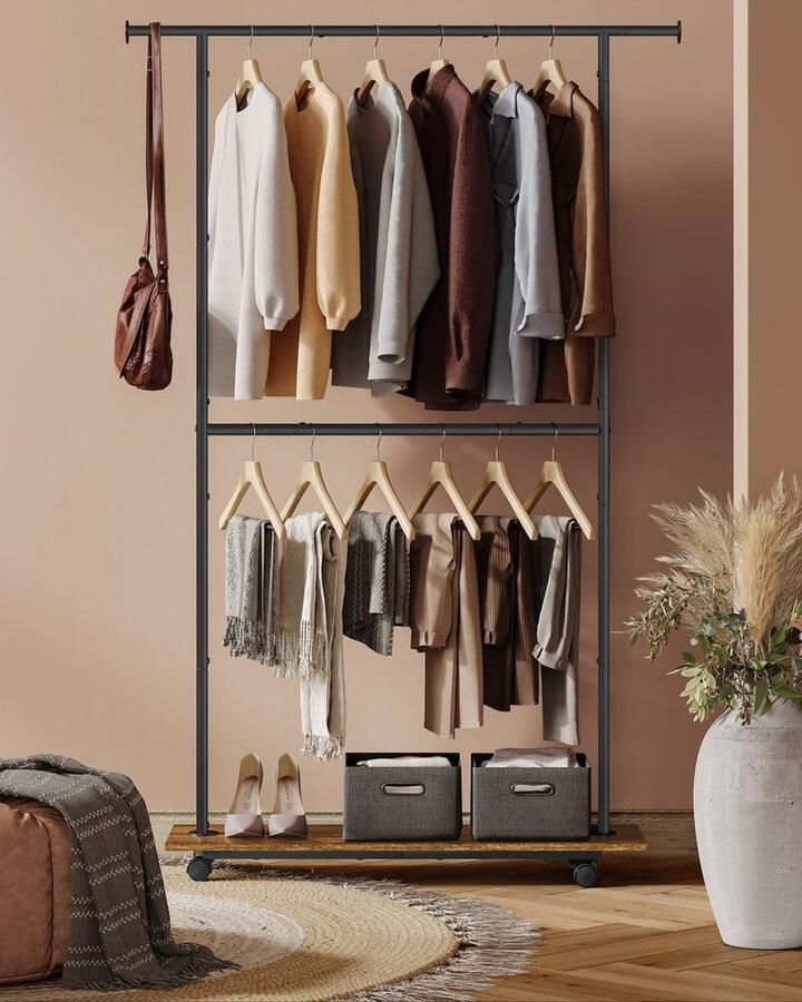 Rootz Living Rootz Vintage Bruin-Zwart Kledingrek Rollende Kledingkast Stalen spaanplaat Heavy Duty 35cm x 98 5cm x 180 3cm