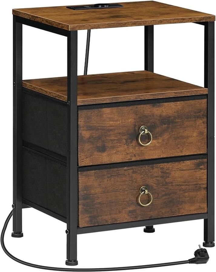 Vintage bruin-zwart nachtkastje EBF110CBZ01 met laadstation 2 stoffen laden & USB-poorten