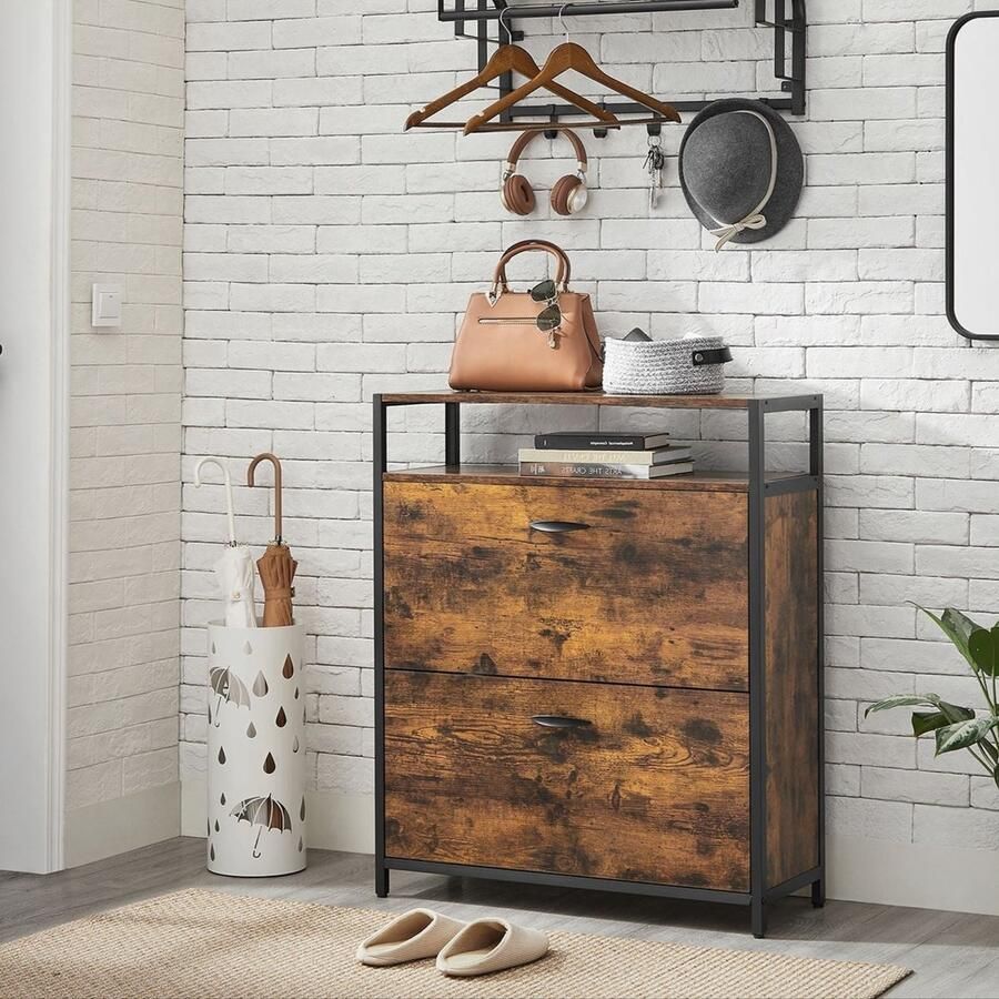 Rootz Living Rootz Vintage Bruin Zwart Schoenenkast Opbergorganisator Spaanplaat Staal 20kg Laadvermogen 60cm x 30cm x 95cm