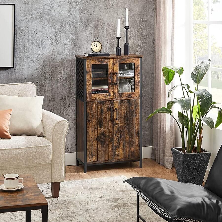 Rootz Living Rootz Vintage bruin-zwarte opbergkast spaanplaat staal glas hoge kast vitrinekast 30 kg capaciteit bovenste plank 5 kg per plank capaciteit 60 cm x 30 cm x 108 cm