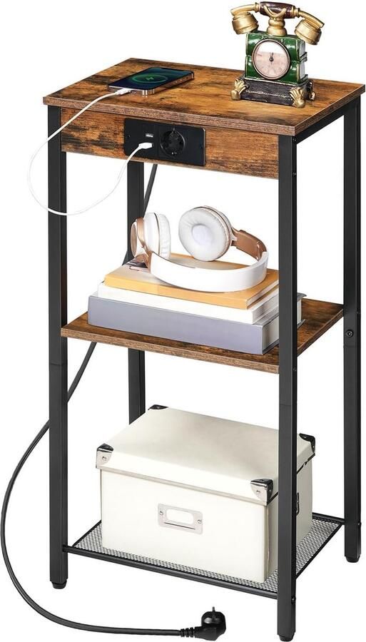 Hoge bijzettafel met laadstation 3-traps telefoontafel kleine entreetafel hoog nachtkastje voor woonkamer slaapkamer hal vintage bruin EBF09CDH01