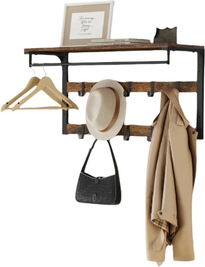 Vintage bruine wandgarderobe wandplank opslagrek 10 haken ruimtebesparing 30 cm x 80 cm x 42 cm