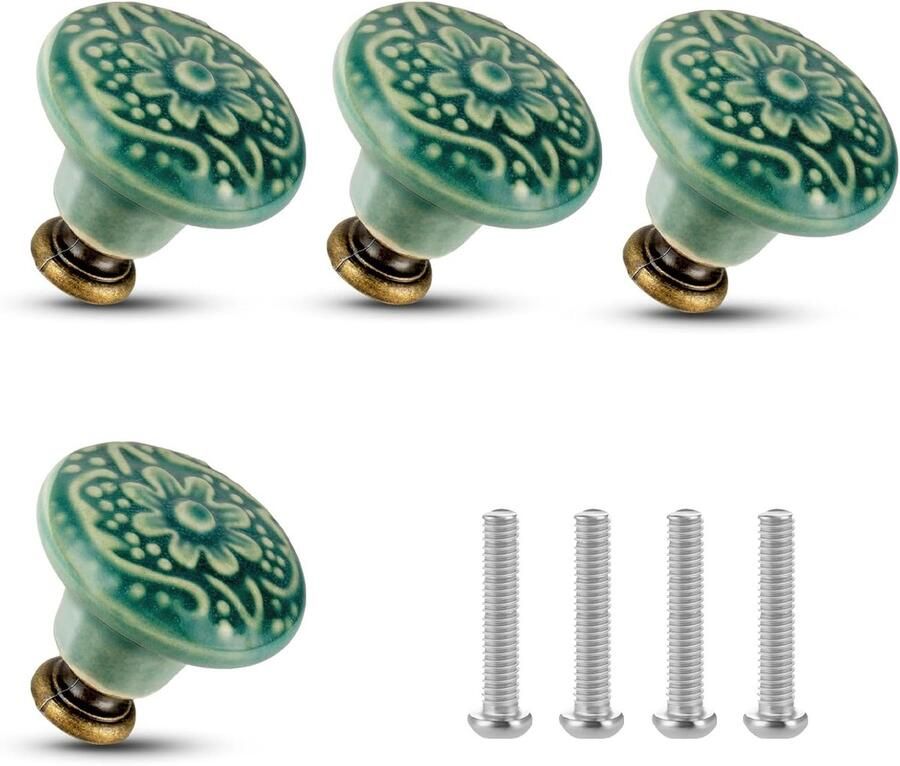 Vintage Cabinet Knobs Decoratieve Handgrepen Set van 4 Voor Kasten Lades Deuren Diameter 3.5 cm (Groen)