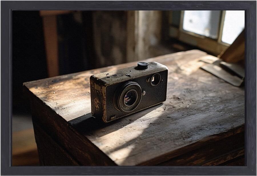 Vintage camera op houten tafel Camera canvas kunst Schilderijen object Realisme Canvas met houten lijst Accessoires voor de muur canvas met baklijst 70x50 cm