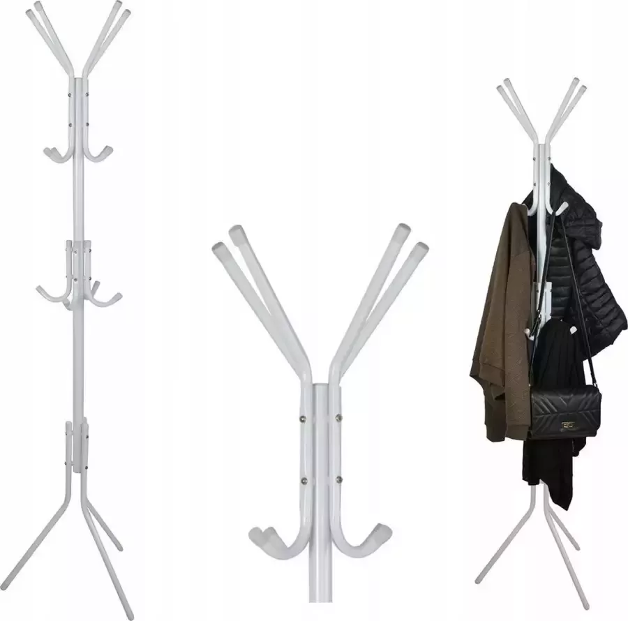 Vintage Design Kapstok Rek Staand Met 12 Kleding Haken Hangers 3-Laags Boom Klerenhanger Wit
