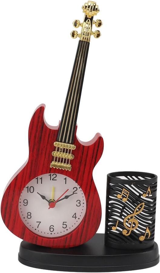 Vintage Desk Clock Guitar Shape Alarm Clock with Pen Holder Stable Base with Battery Powered Alarm for Office and Bedroom Gifts