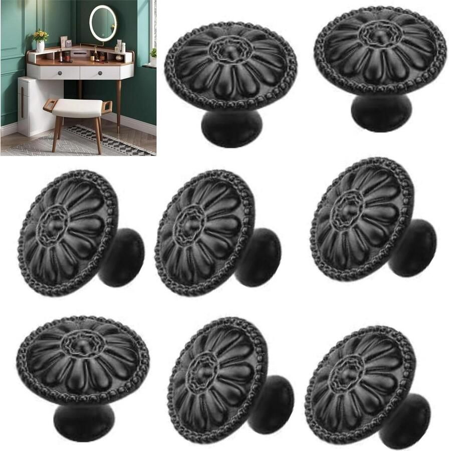 Allecto Plus 8 stuks vintage deurklinken voor kasten met schroeven chique meubelknoppen 30 mm zwarte antieke handgrepen