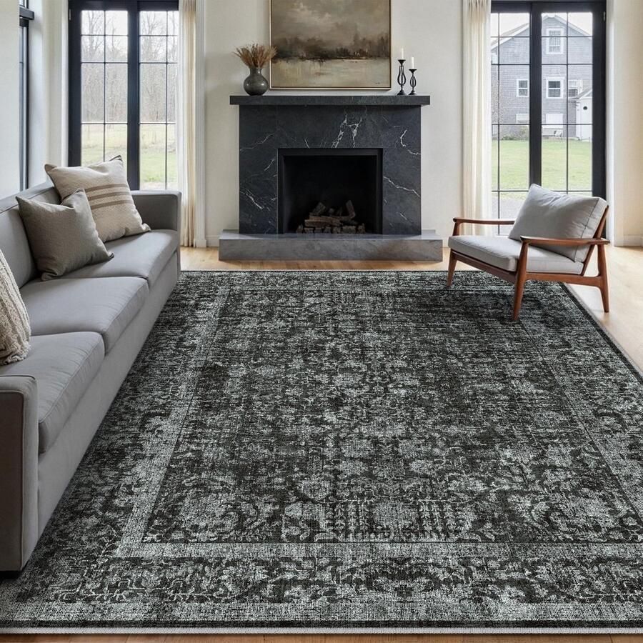 Vintage diepzwart wasbaar tapijt woonkamer 240x300cm Retro tapijten voor woonkamer Zacht antislip groot tapijt kortpolig slaapkamertapijt woonkamer slaapkamer eetkamer tapijten kantoor