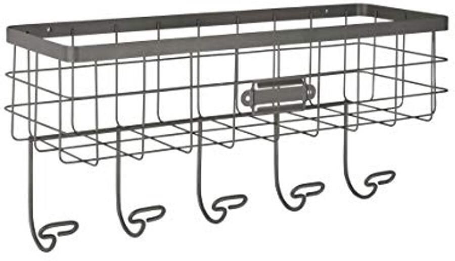 Vintage Draadmand en Haak Station voor Muurmontage Kleine Opbergoplossing in Industrieel Grijs