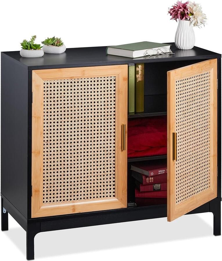 Vintage dressoir in boho stijl rotan vlechtwerk 1 stuk zwart en bamboe