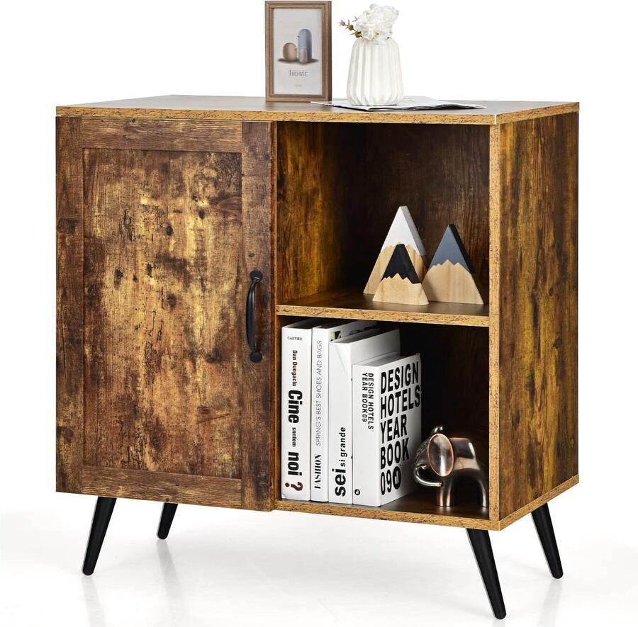 Senza Marchio Vintage dressoir met 5 vakken commode met 2 verstelbare planken en deur multifunctionele opbergkast hout kantelbeveiliging 76 x 40 x 78 cm vintage boekenkast vintage bruin