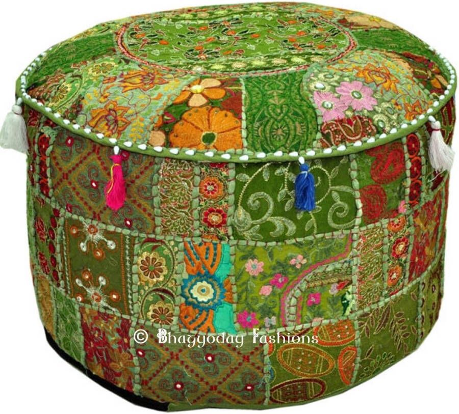 Vintage Embroidered Poef Ottomaanse Footstool Cover Indian Round Ottomaanse Stool Poef Pillow Etnisch Geborduurde Poef Cover Indian Cotton Ronde Poef Ottomaanse Poef Cover Pillow Etnische